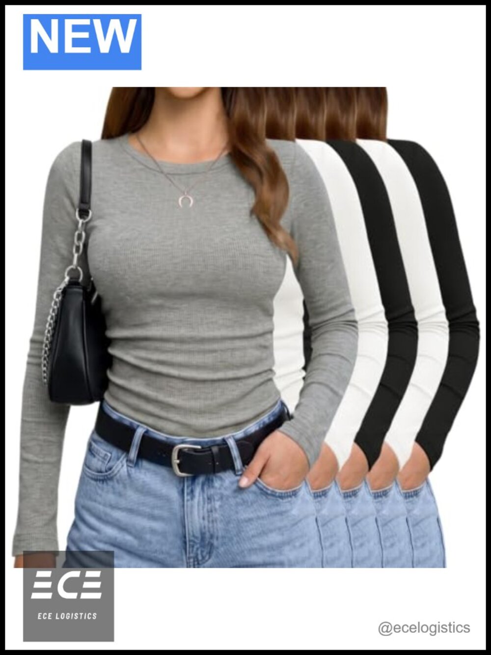 5 Pack Womens Ribbed Long Sleeve Crew Neck Basic Layering Tees Slim Fit